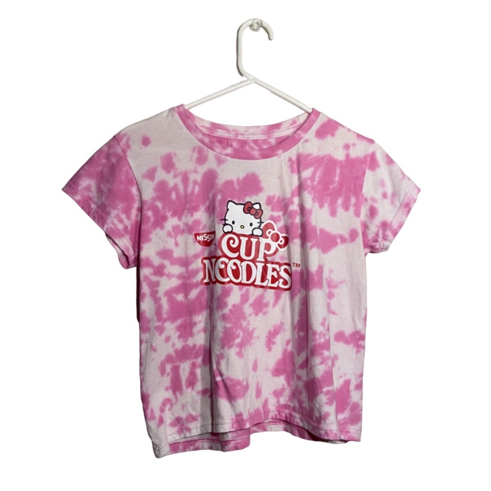 Women’s Pink Tie Dye Sanrio Hello Kitty Ramen Cup Noodles Cropped TShirt L